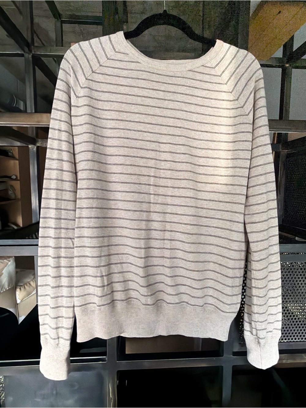 GAP Light Gray Crewneck Sweater with Thin Charcoal Stripes